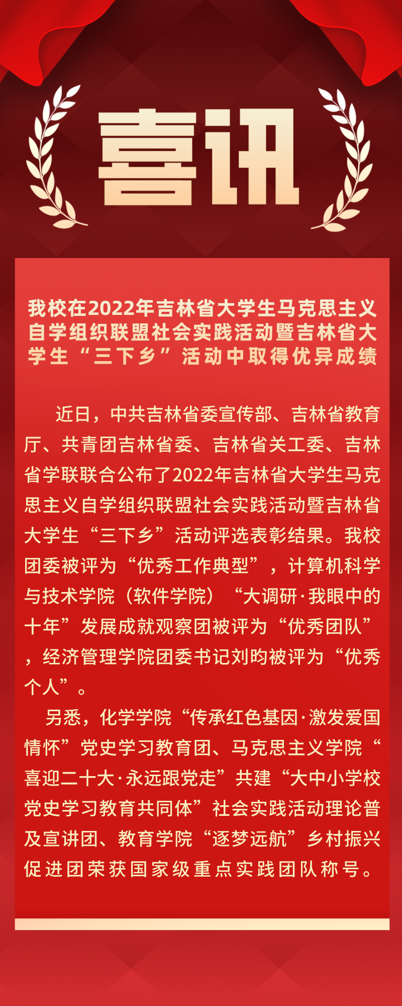 喜讯 我校在22年吉林省大学生马克思主义自学组织联盟社会实践活动暨吉林省大学生 三下乡 活动中取得优异成绩 腾讯新闻