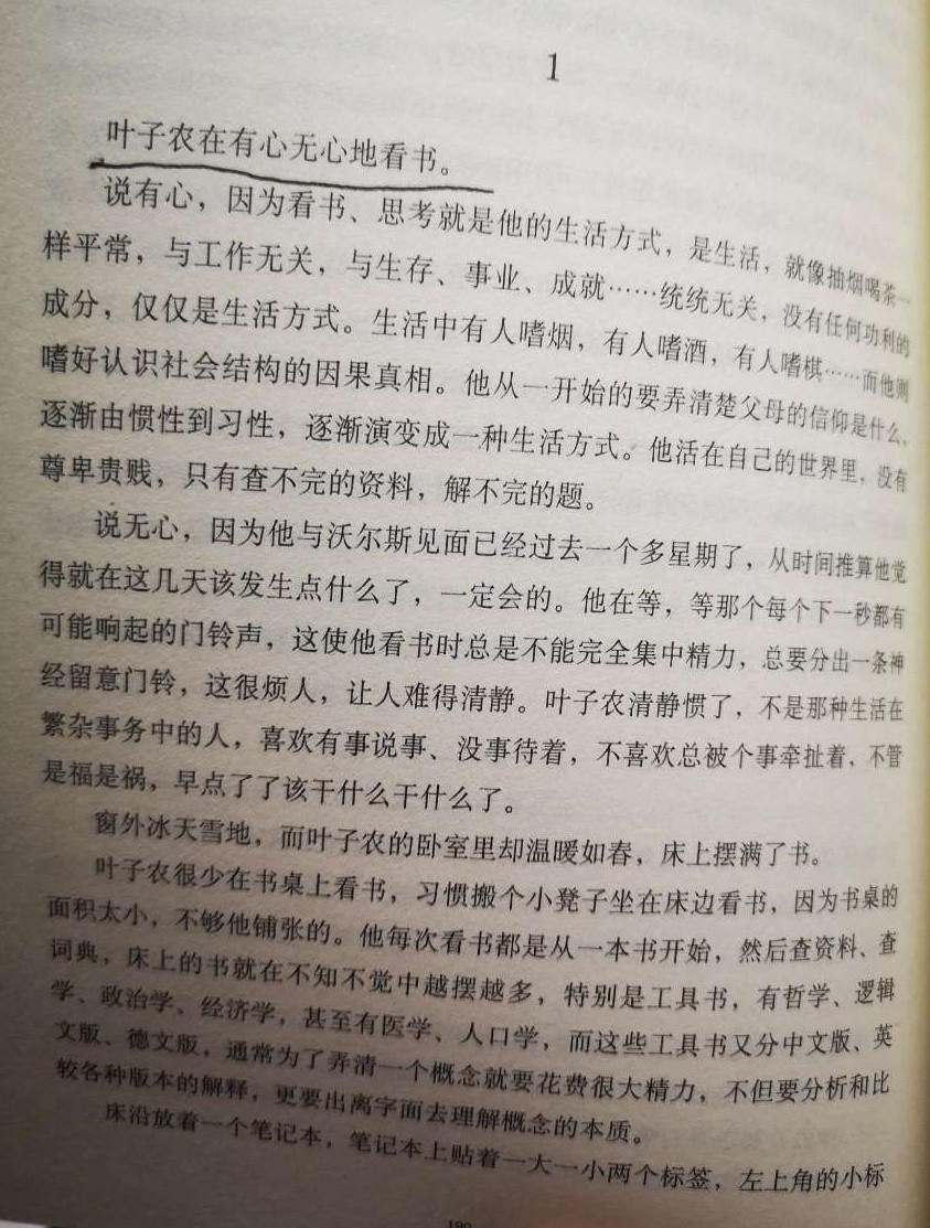 这一段话写出了叶子农的真实心态,他愿意与世无争