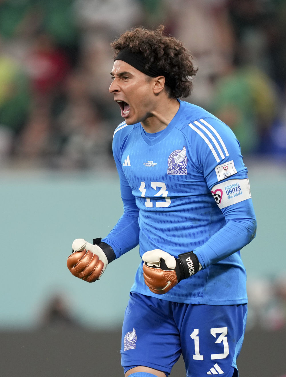 墨西哥队守门员吉列尔莫·奥乔亚在比赛中庆祝扑出点球.