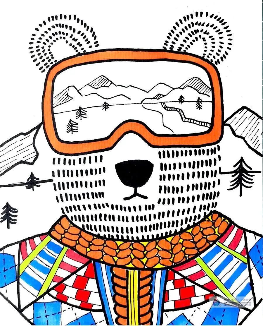 用马克笔描绘出北极熊的服饰,护目镜的色彩,注意色彩的深浅变化.6.