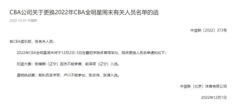 CBA官方宣布张镇麟退出全明星扣篮大赛！队友俞泽辰顶替参加酒店更改预订英语对话