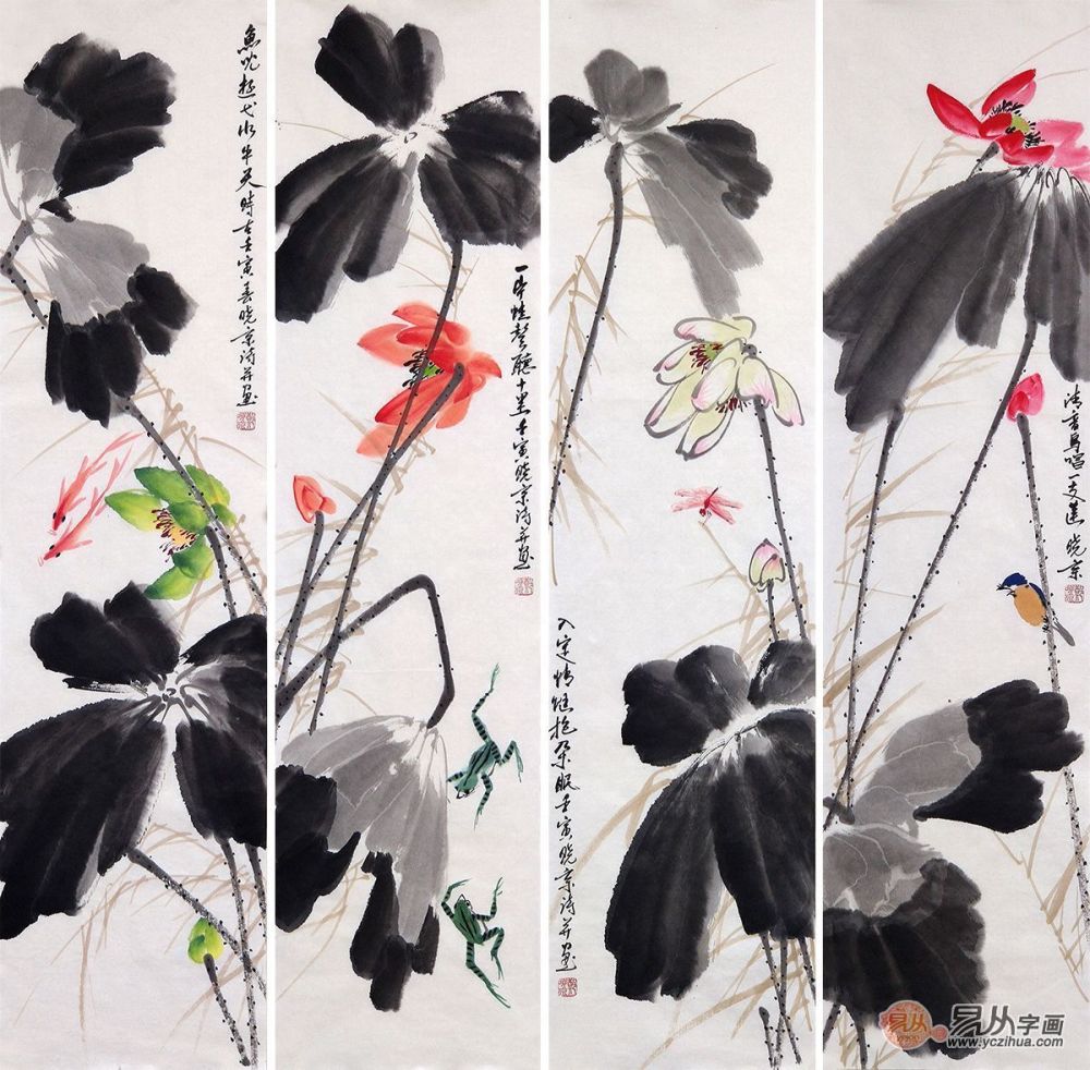 实力派画家郑晓京写意花鸟画《荷花四条屏》作品来源:易从字画实力派