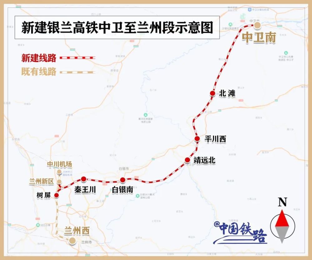 线路自中卫南站引出,经兰州新区站接至兰州枢纽,全长约219公里,设计