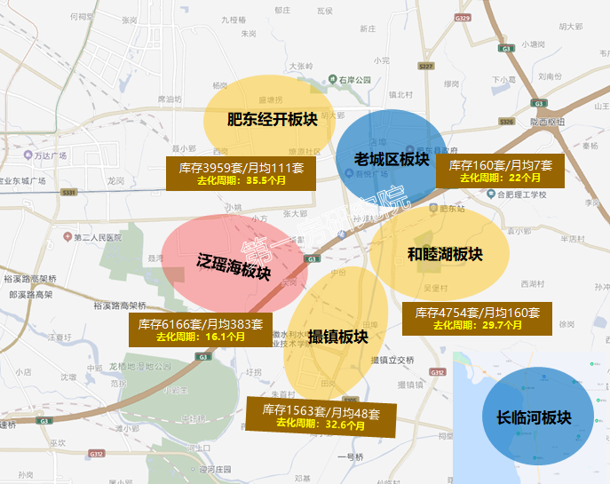 所以該板塊的存量最低;另外20和21號地塊所在的和睦湖板塊以及肥東經