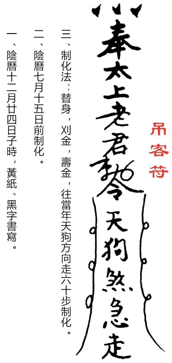 对于"飞来天狗,可以烧"天狗替身"天狗钱"来化解,也可以用"吊客符"来