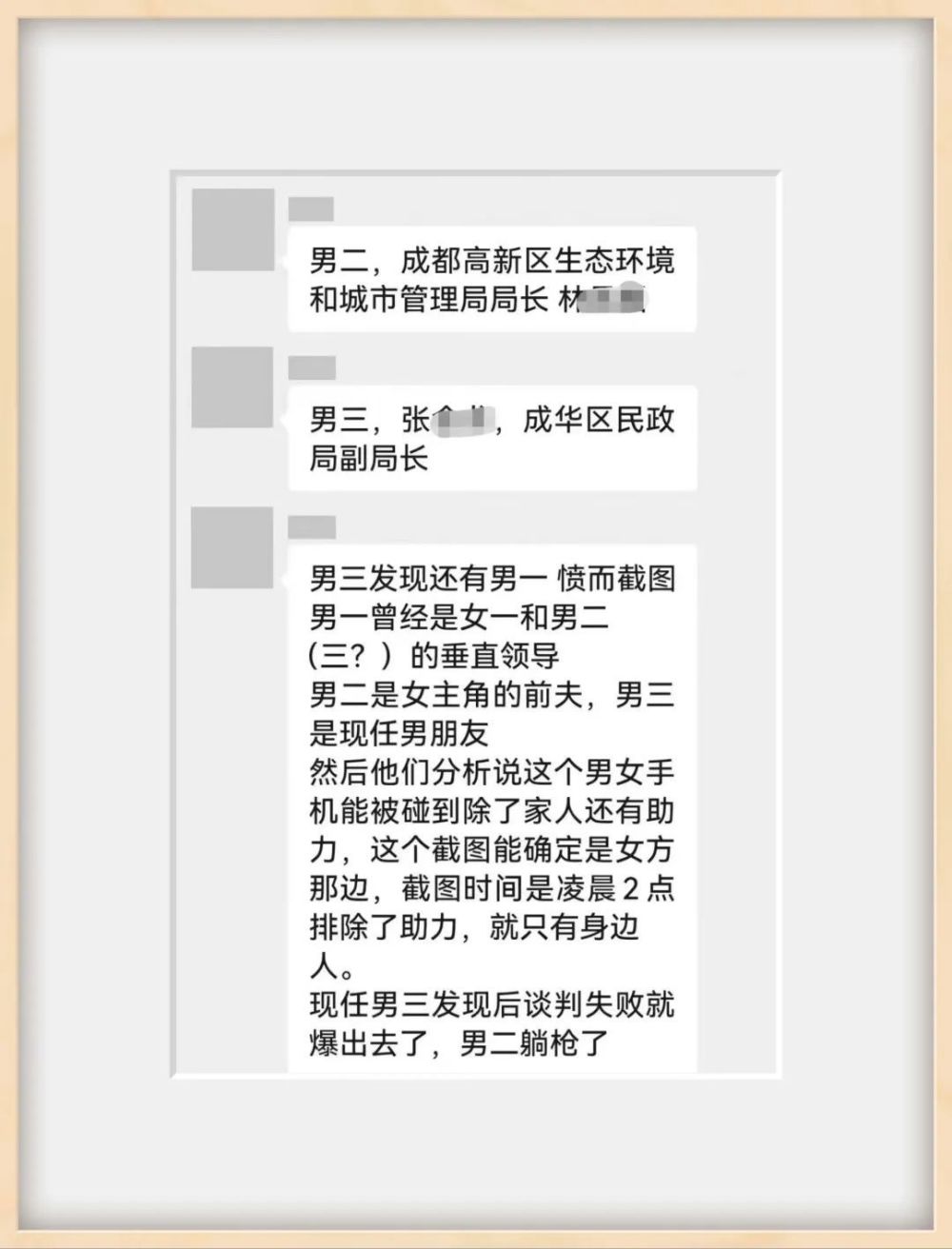 截圖顯示,女副區長的背後有著三個男人:男一,雷鳴,女副區長情人;男二