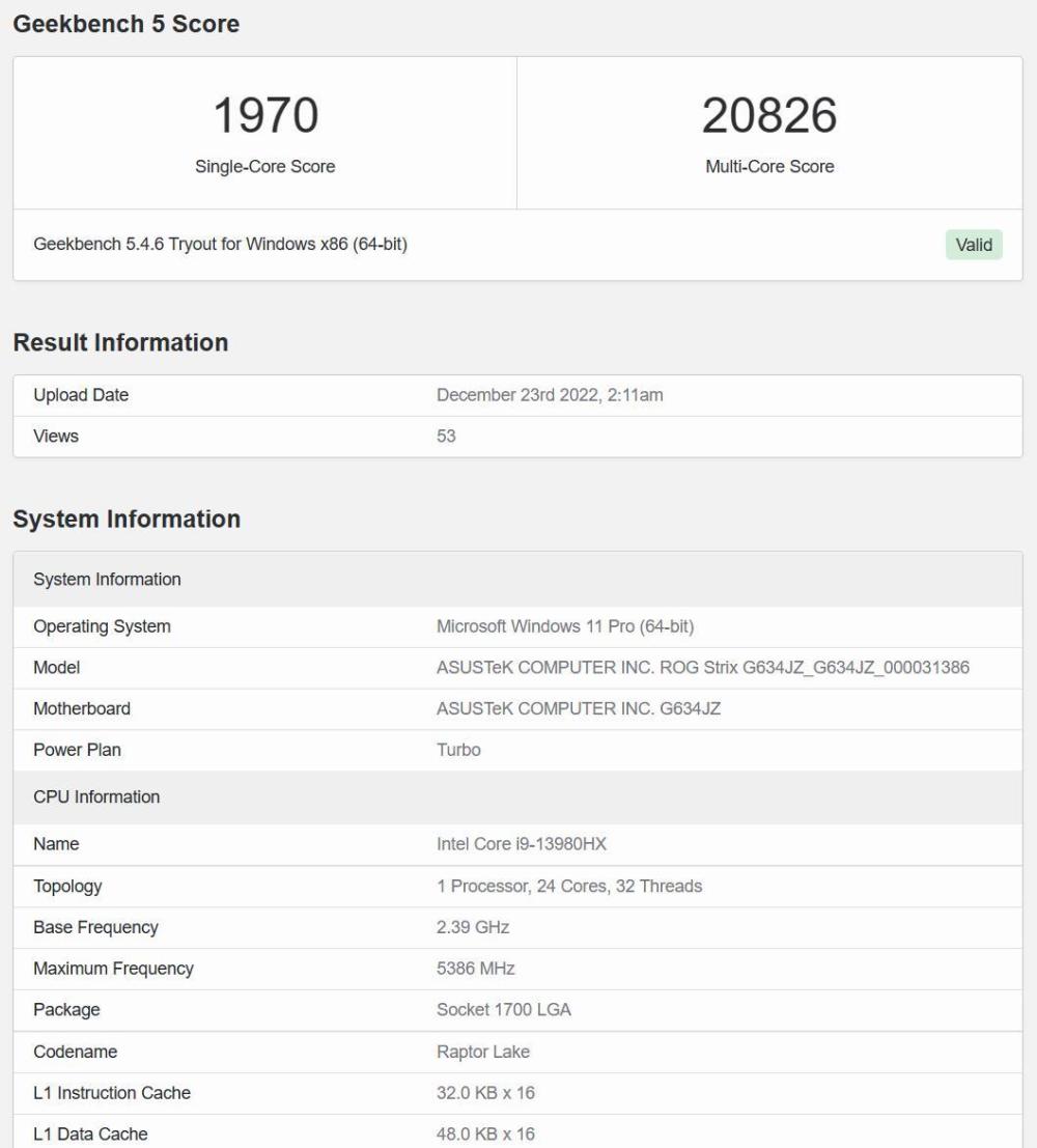 Geekbench rog i9 13980hx 