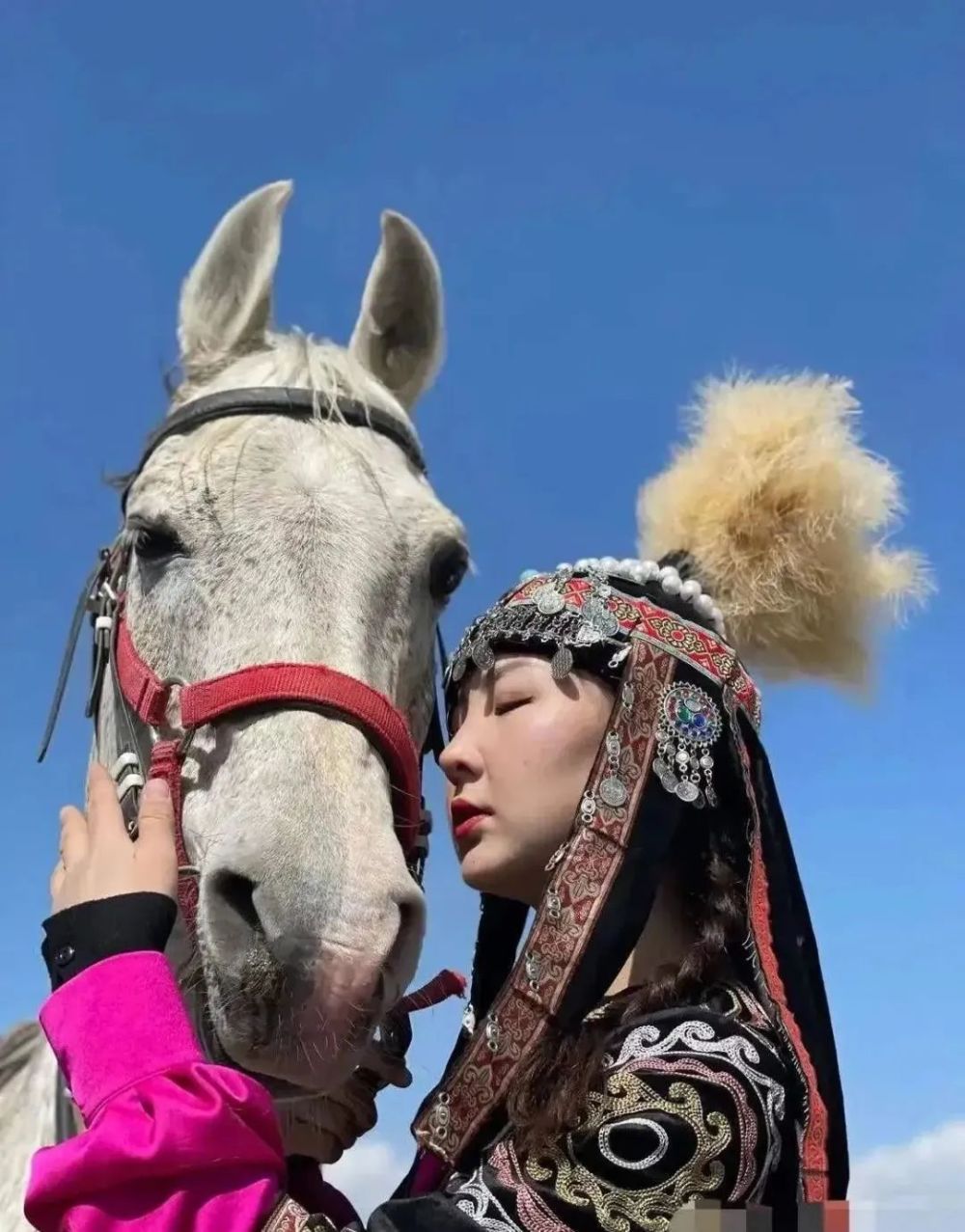 草原红衣骑马女子图片