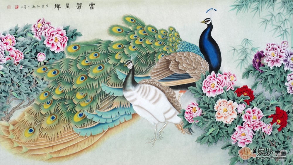 日本画 鳳鳴七宝 孔雀 牡丹 - 絵画/タペストリ