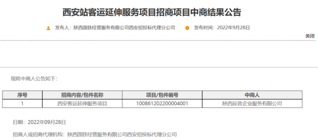 公告,2022年9月28日,陕西辰音企业服务有限公司成为西安站客运延伸