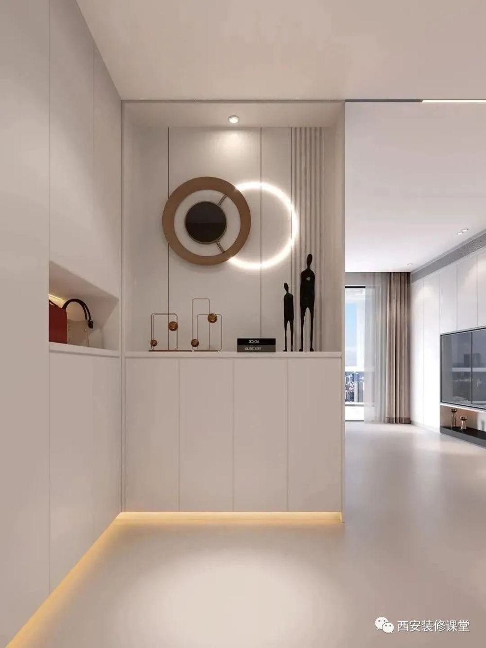 同时兼顾了进门的玄关遮挡,满足空间的迂回▲入户转角鞋柜,悬空设计