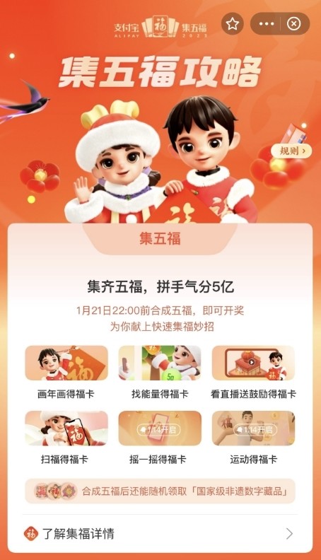 2023年支付宝“集五福”开启 集齐“五福到”可瓜分5亿红包_腾讯新闻