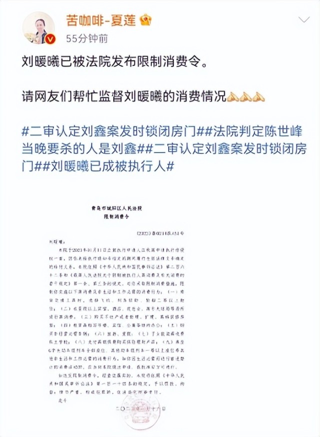 刘鑫已被限制消费