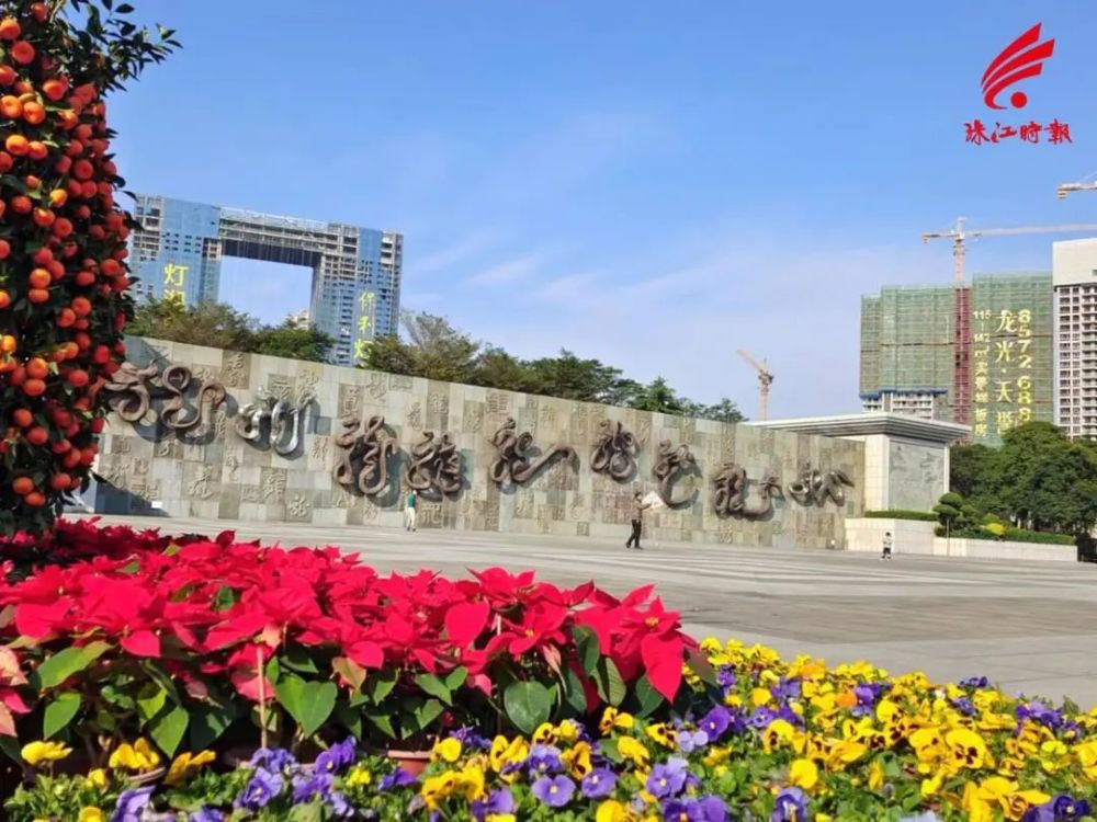 "在大沥九龙公园,广场上设置了兔年主题装饰与花圃,吸引了不少市民前