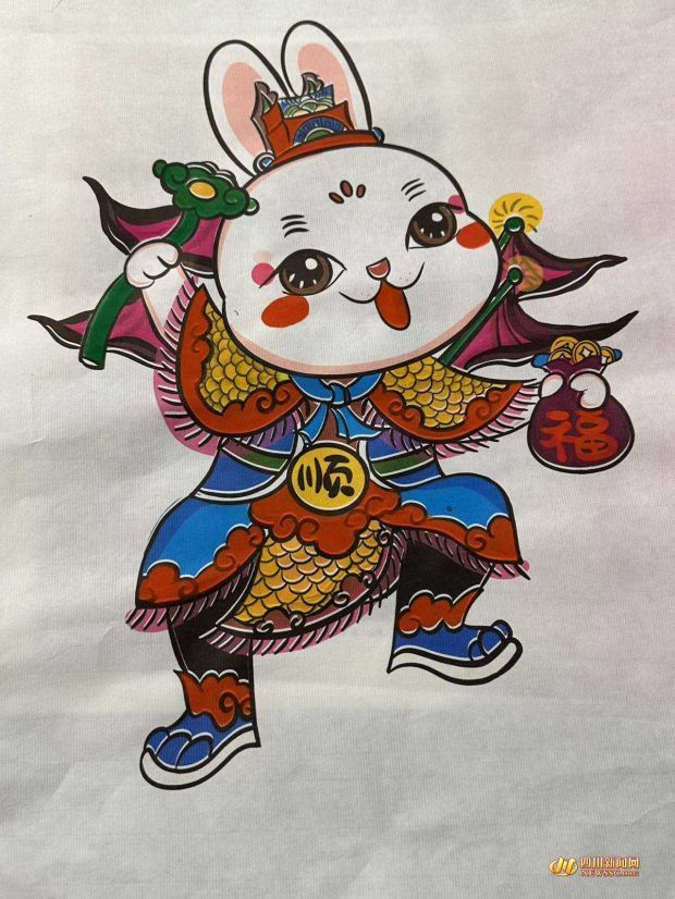 《麻姑献寿》年画中,"麻姑"和童子变成了可爱的兔子