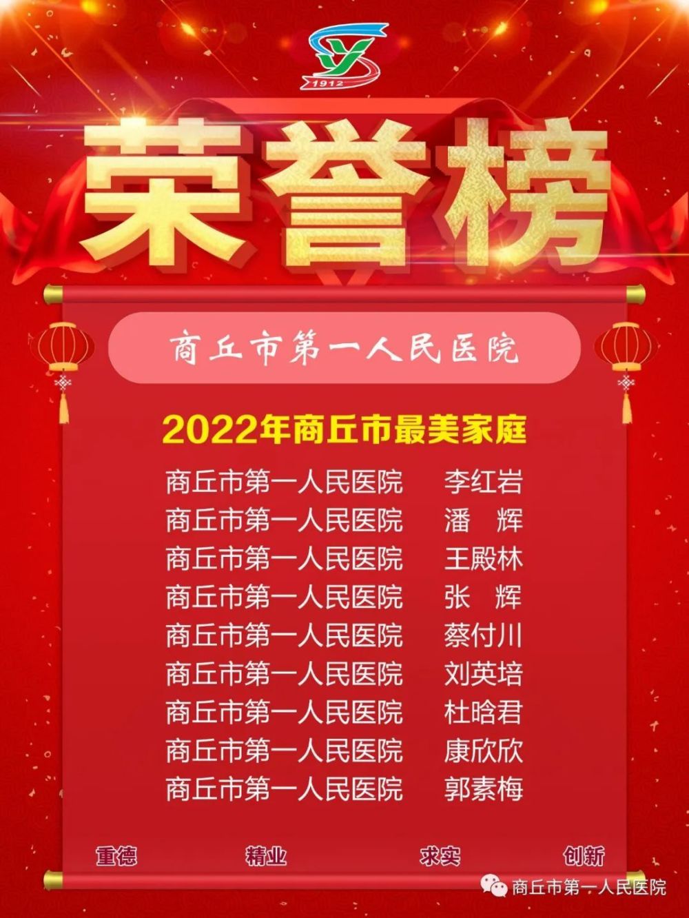 商丘市第一人民醫院9個家庭喜獲2022年度商丘市最美家庭稱號