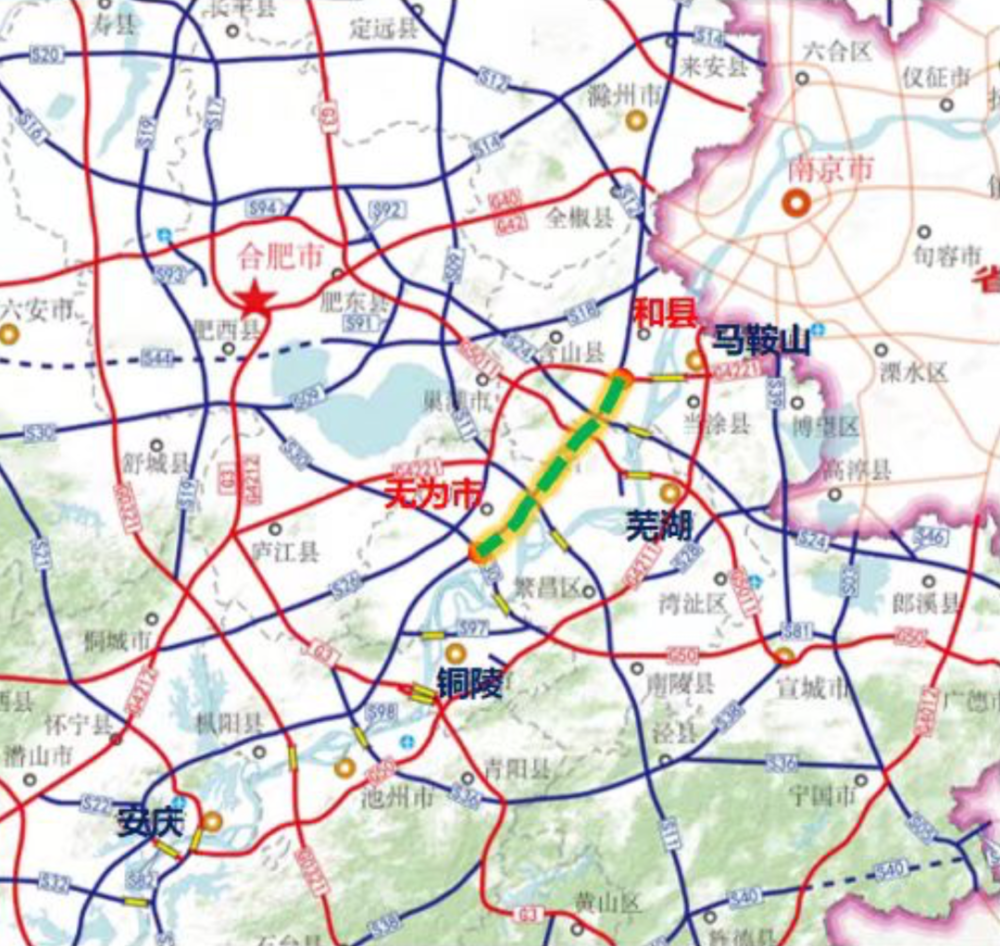 鸠江区,含山县,无为市,终点位于无为市襄安镇西侧,与s30铜商高速交