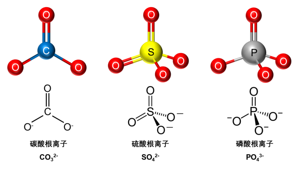 含氧酸根离子,比如碳酸根(co₃²ˉ),硫酸根