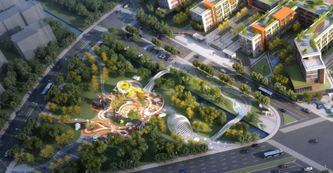 绿色港湾小学家长接送区配游园绿色港湾小学北侧绿地"利用操场下面