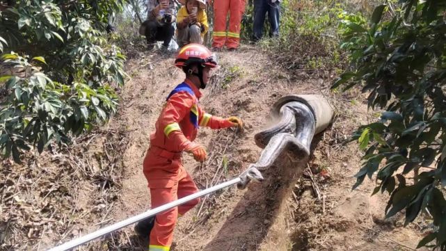 蟒蛇正藏在村口土路下排水管道中消防员来到蟒蛇藏身地永湖消防救援站
