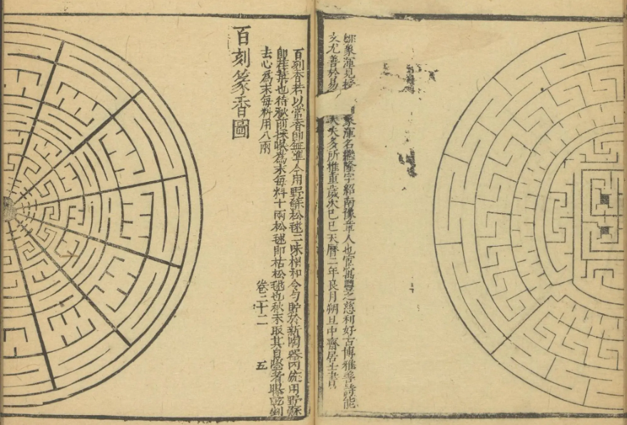 宋人洪刍《香谱》有云"百刻香,近世尚奇者作香篆,其文准十二辰,分