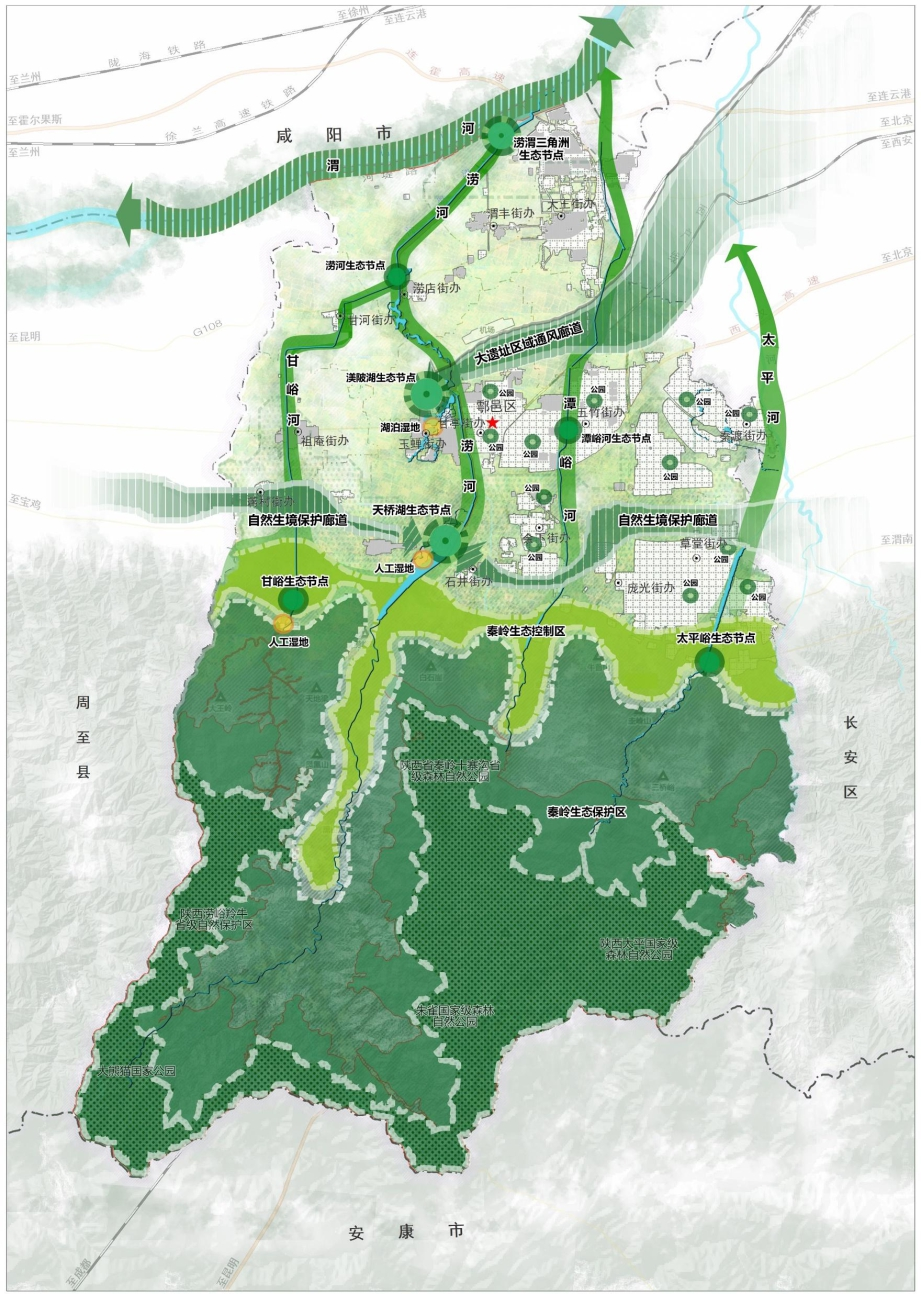 "一脉"鄠邑区中心城区,由渼陂湖片区,老城更新片区,东部