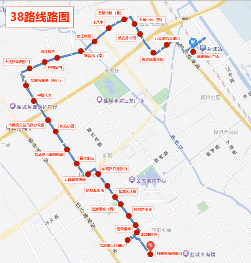 沿途停靠站點:高鐵站西廣場(鹽城市旅遊集散中心),高鐵站西廣場北