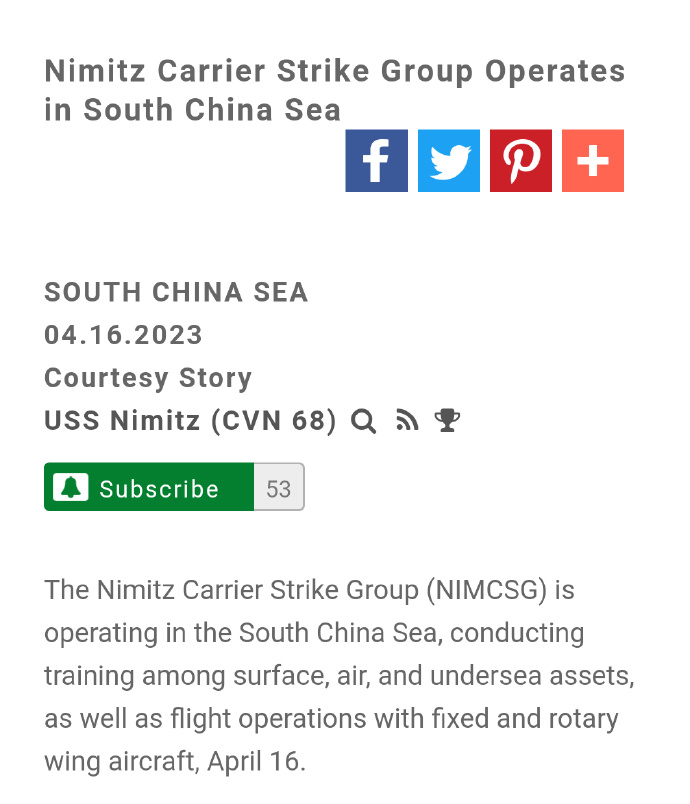 美国海军“尼米兹”号（CVN-68）及其护航舰艇又一次进入南海，进行水面、空中以及水下作战训练，以及固定翼舰载机和舰载直升机的飞行训练