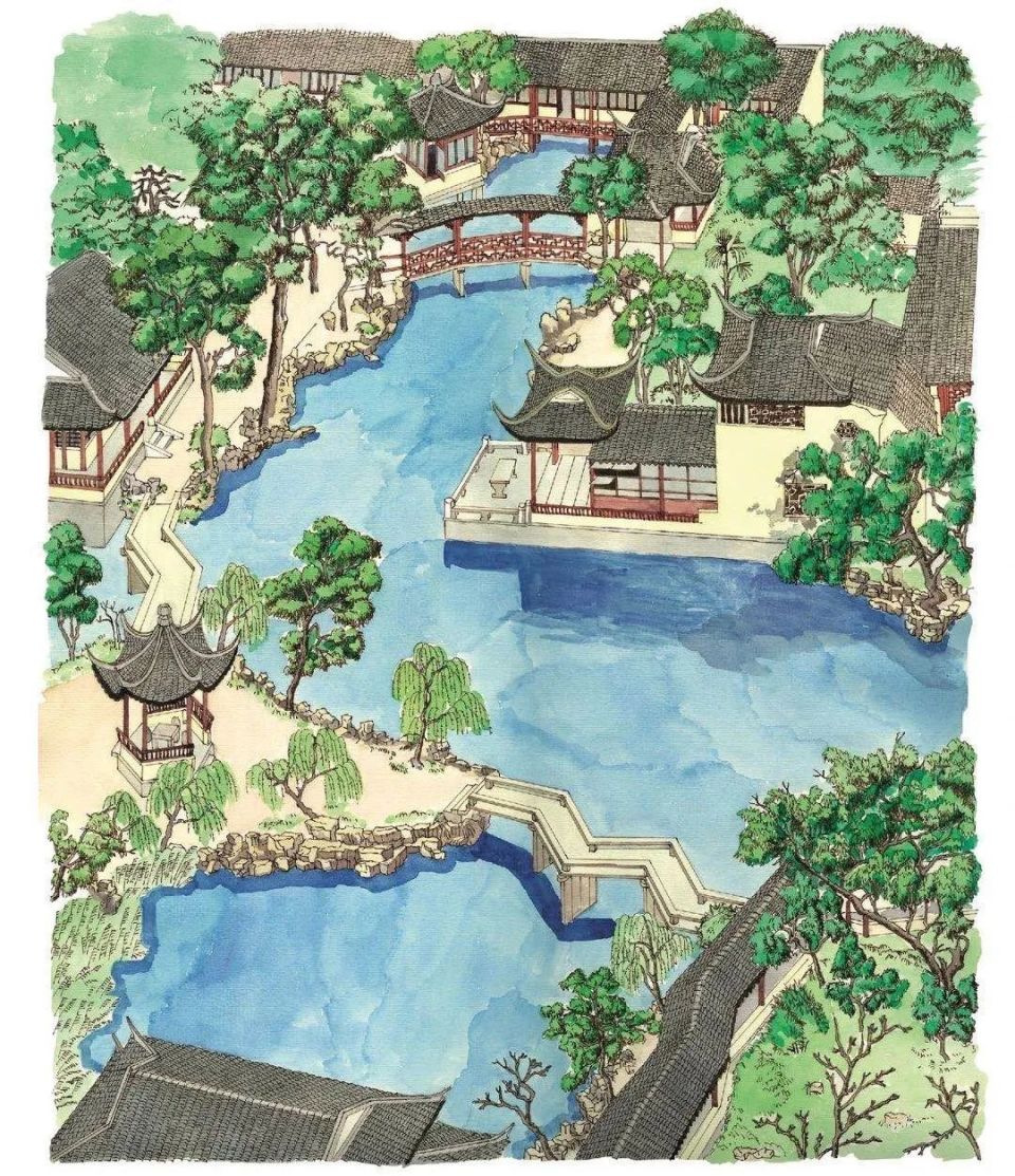 从拥有屋顶的"小飞虹"桥梁眺望,你会看到亭台楼阁,仿佛穿越时空,来到