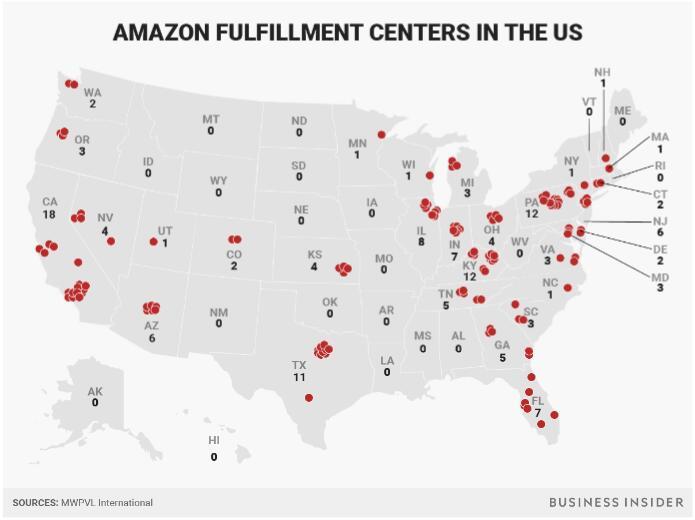 亚马逊仓库地图显示它如何占领美国市场