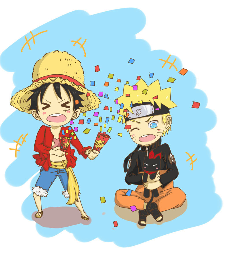 《海贼王》路飞遇上《火影忍者》的鸣人,一起吃拉面,互相抢食!