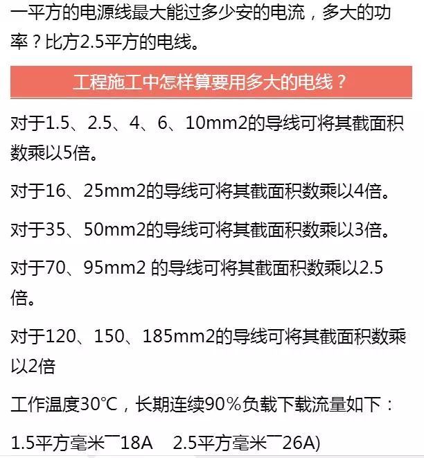 水電工必備基礎知識電線平方和電流大小關係