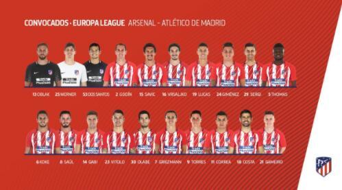 马竞VS阿森纳大名单:科斯塔伤愈回归 格子托雷