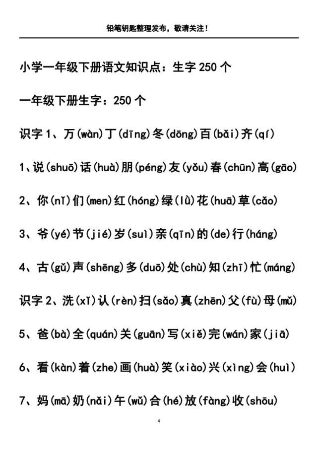 家有小学生系列 一年级语文下册汉字生字250个带拼音