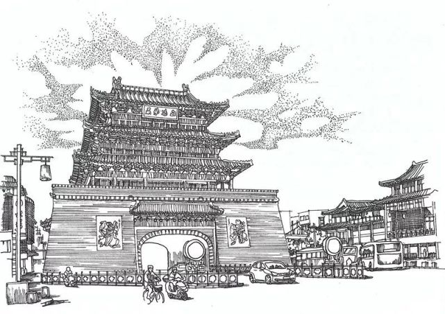 聊城光岳楼素描图片