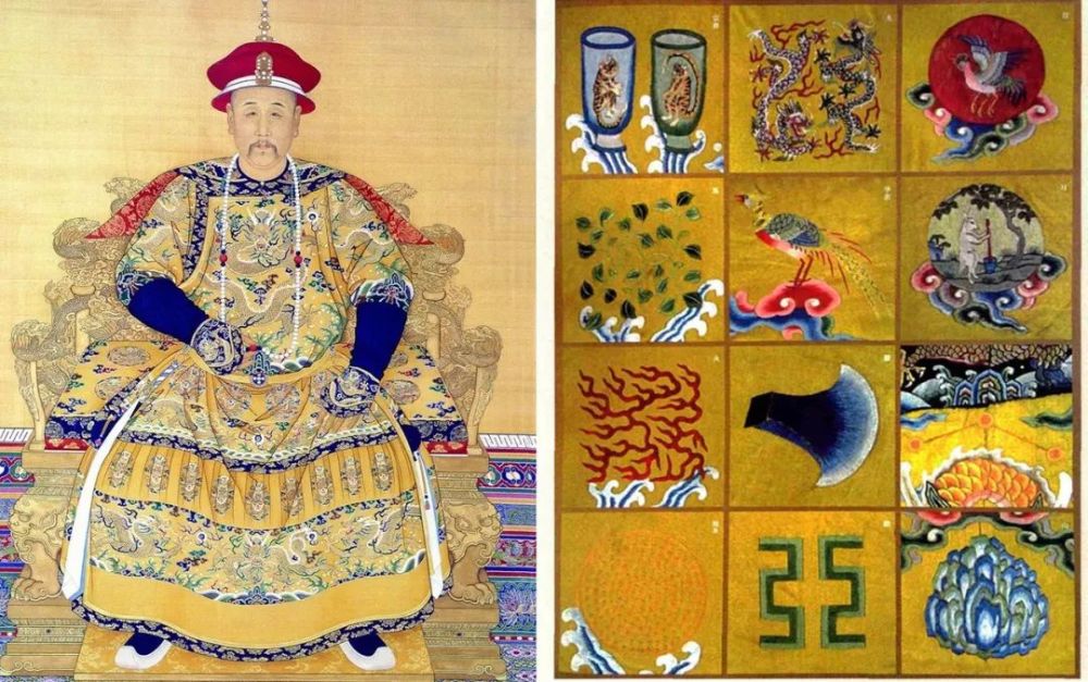 左：清雍正朝服像，右：清朝皇帝龙袍上的十二章