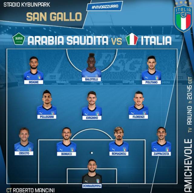 意大利vs沙特首发:曼奇尼首秀 巴洛特利首发_体