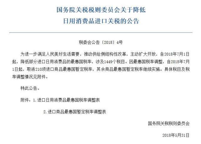 我国降低部分进口日用消费品的最惠国税率