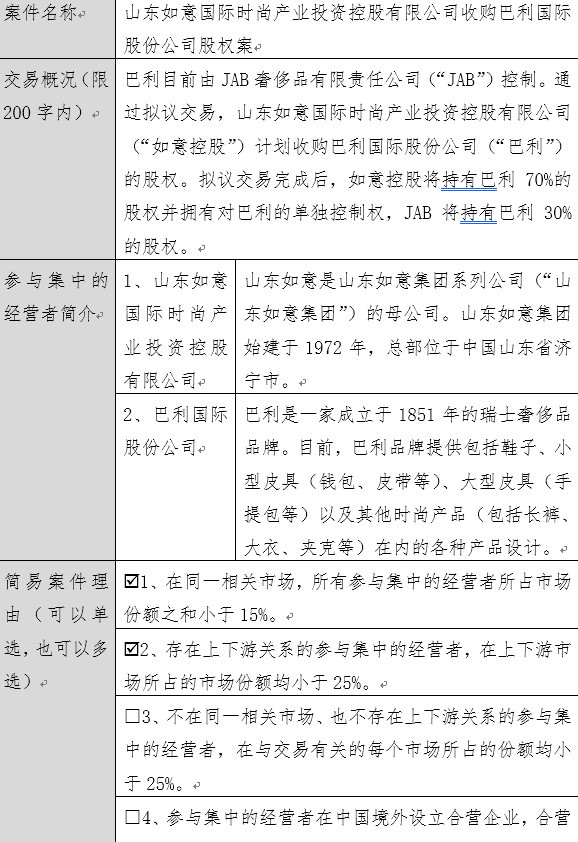 商务部对山东如意收购巴利国际股权案进行简易案件公示
