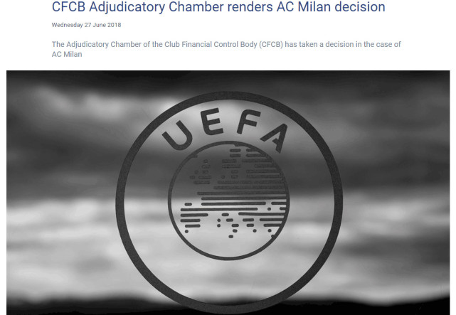 欧足联宣布AC米兰欧战禁赛1年 意甲豪门已提
