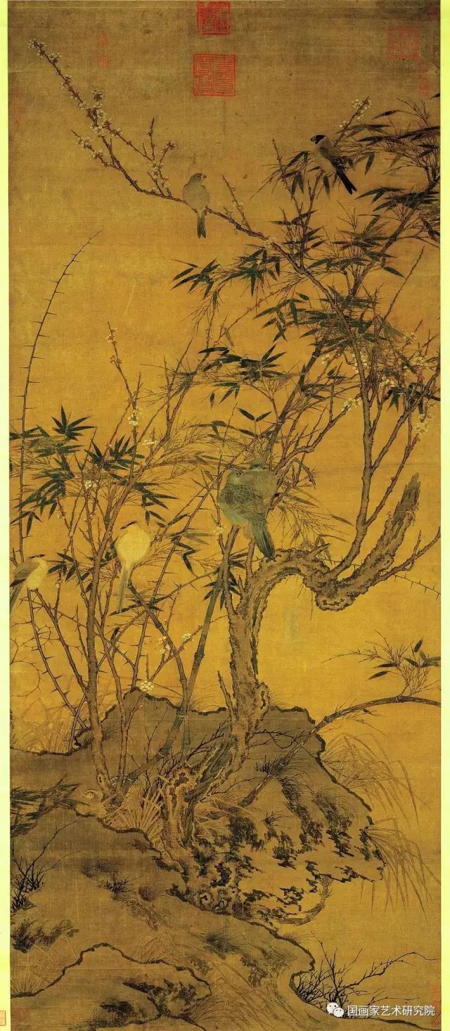 宋赵佶梅竹聚禽图鉴赏