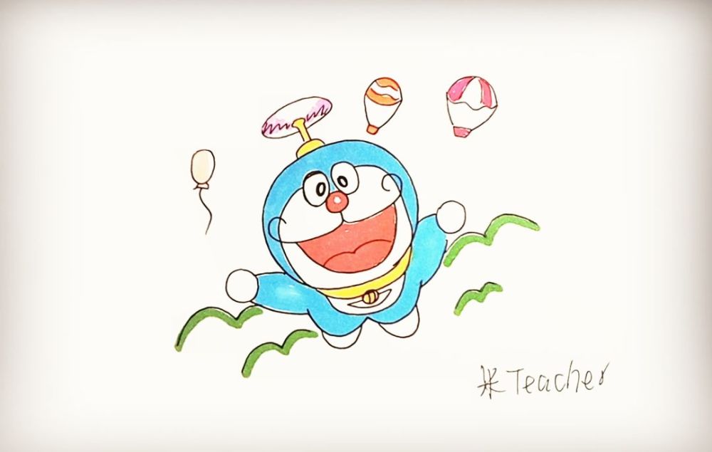 第十步再来画出哆啦a梦头顶的竹蜻蜓.第九步用两条弧线画出它的脚.
