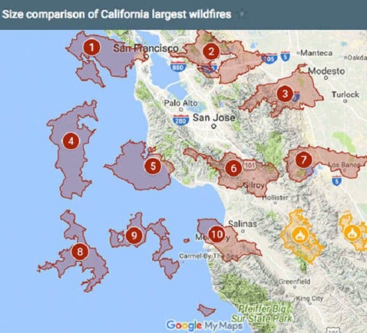 2018年加州火灾地图!卡尔火灾在哪里?