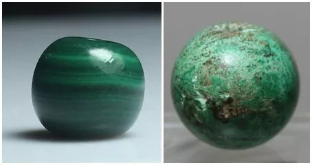 左：A级孔雀石；右：B级孔雀石