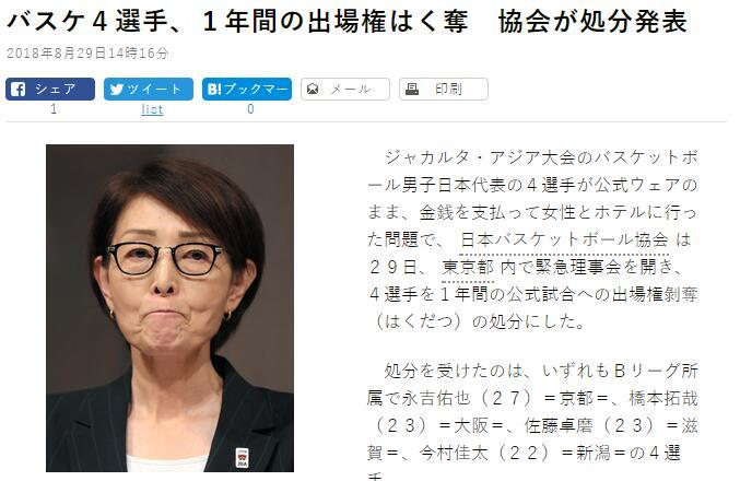 日本男篮嫖娼门四将遭重罚 禁止参加正式比赛一年