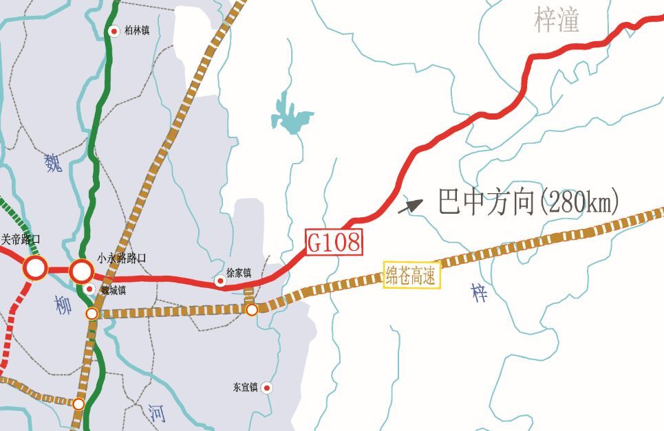 接拟建g5高速公路绵阳至成都段扩容项目魏城(枢纽)互通,经徐家镇,梓潼