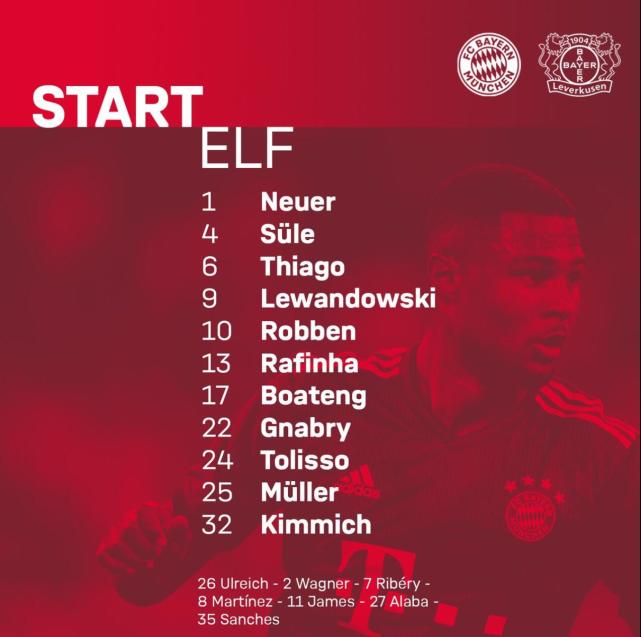 拜仁VS勒沃库森首发:莱万罗本出战 J罗替补