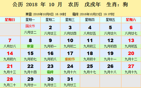 2018年10月择日吉凶预报(10月1日-31日)