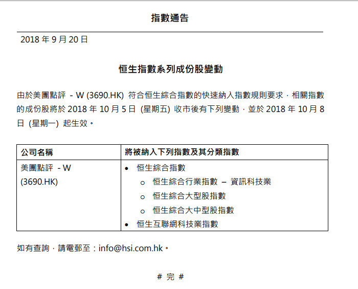 美团点评10月8日起纳入恒生综合指数
