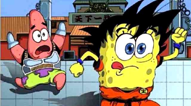 海绵宝宝cos的是佐助,派大星cos的是鸣人,海绵宝宝使出千鸟,派大星使